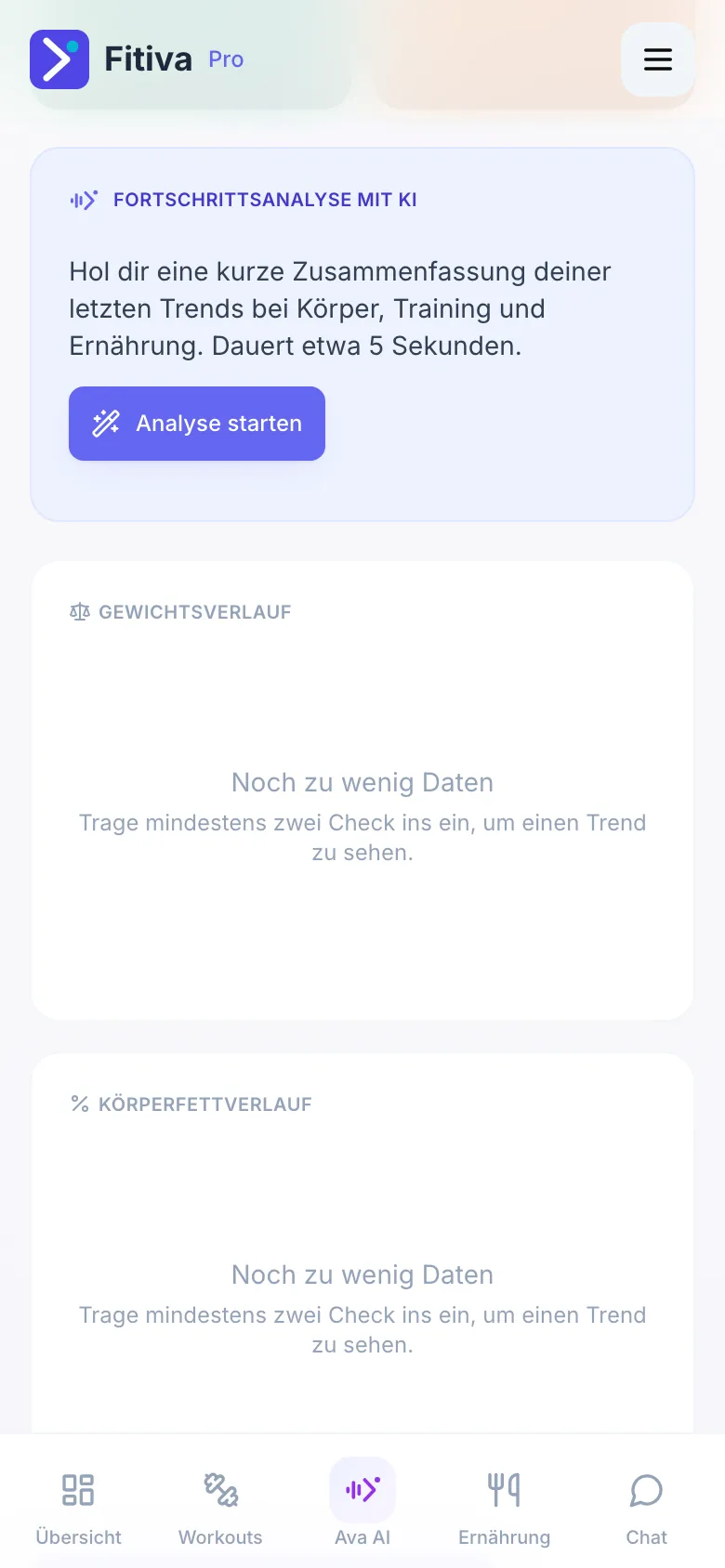 Die Karte Fortschrittsanalyse mit KI auf der Seite Körperfortschritt mit dem Button Analyse starten