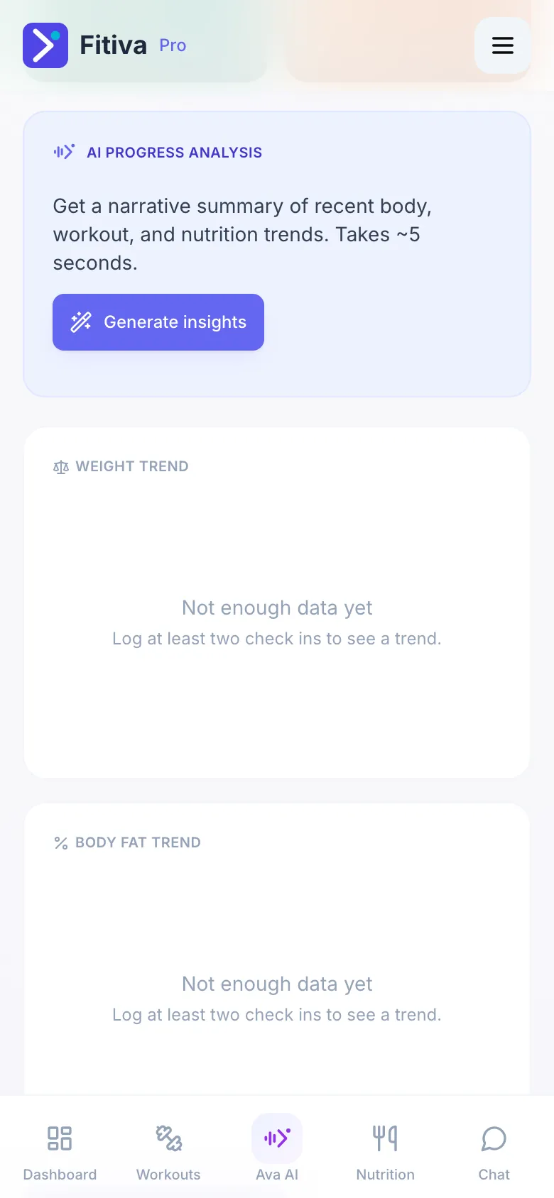 The AI progress analysis card on Body Progress with the Generate insights button