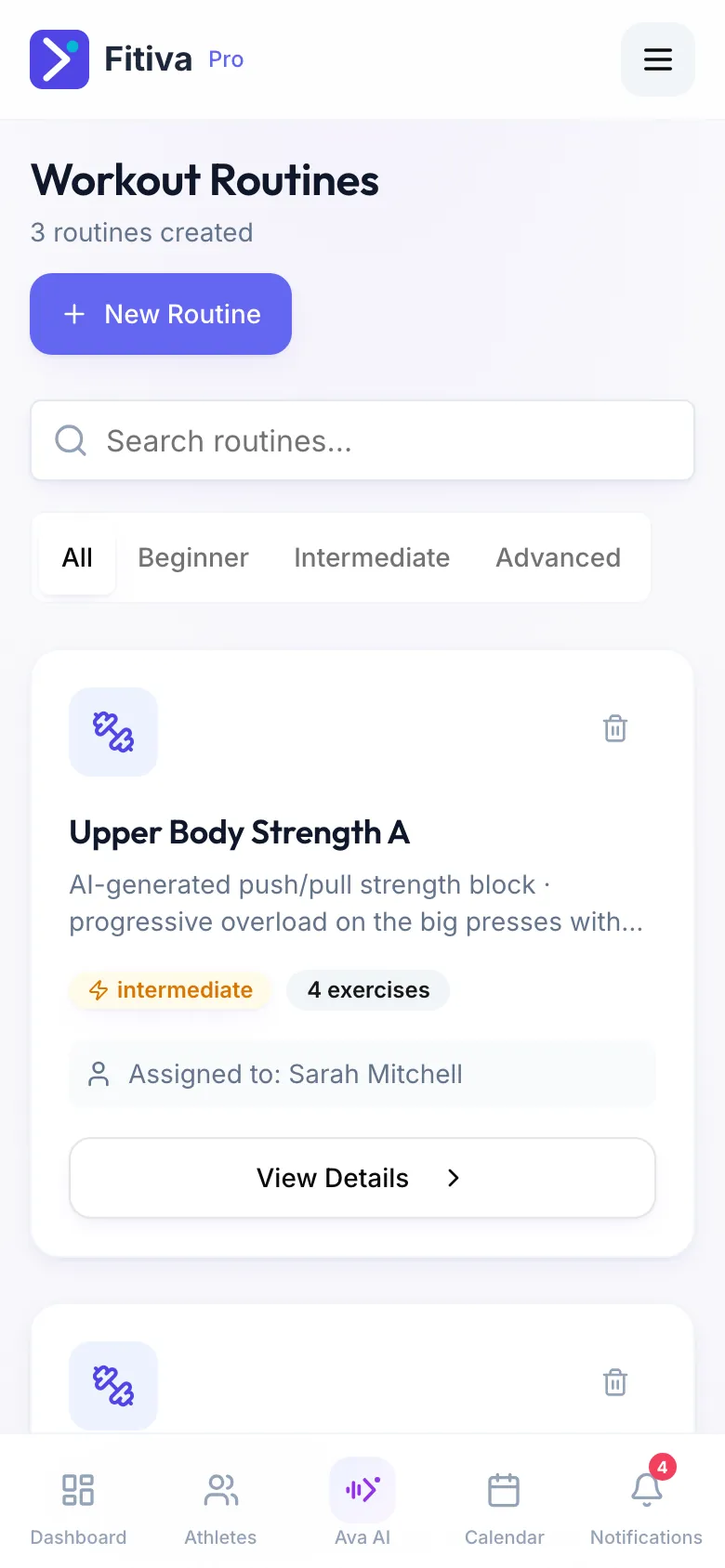 The Workout Routines page with the New Routine button, the search, the filters All, Beginner, Intermediate and Advanced, and the routine Upper Body Strength A, assigned to Sarah Mitchell.