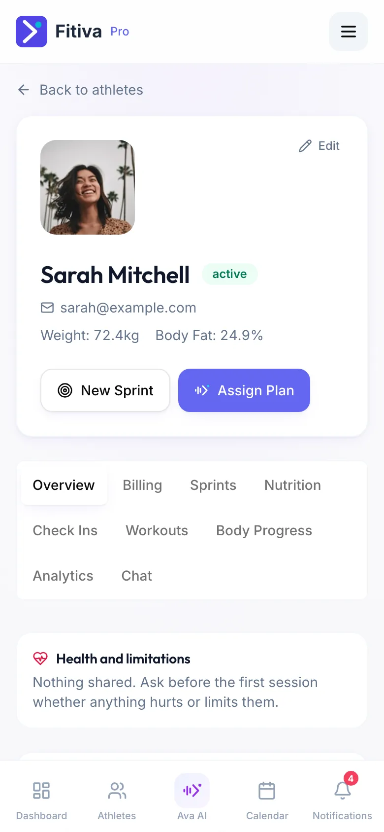 Sarah Mitchell’s page: the header with photo, status active, email, weight and body fat, the buttons Edit, New Sprint and Assign Plan, and the tabs from Overview to Chat below.