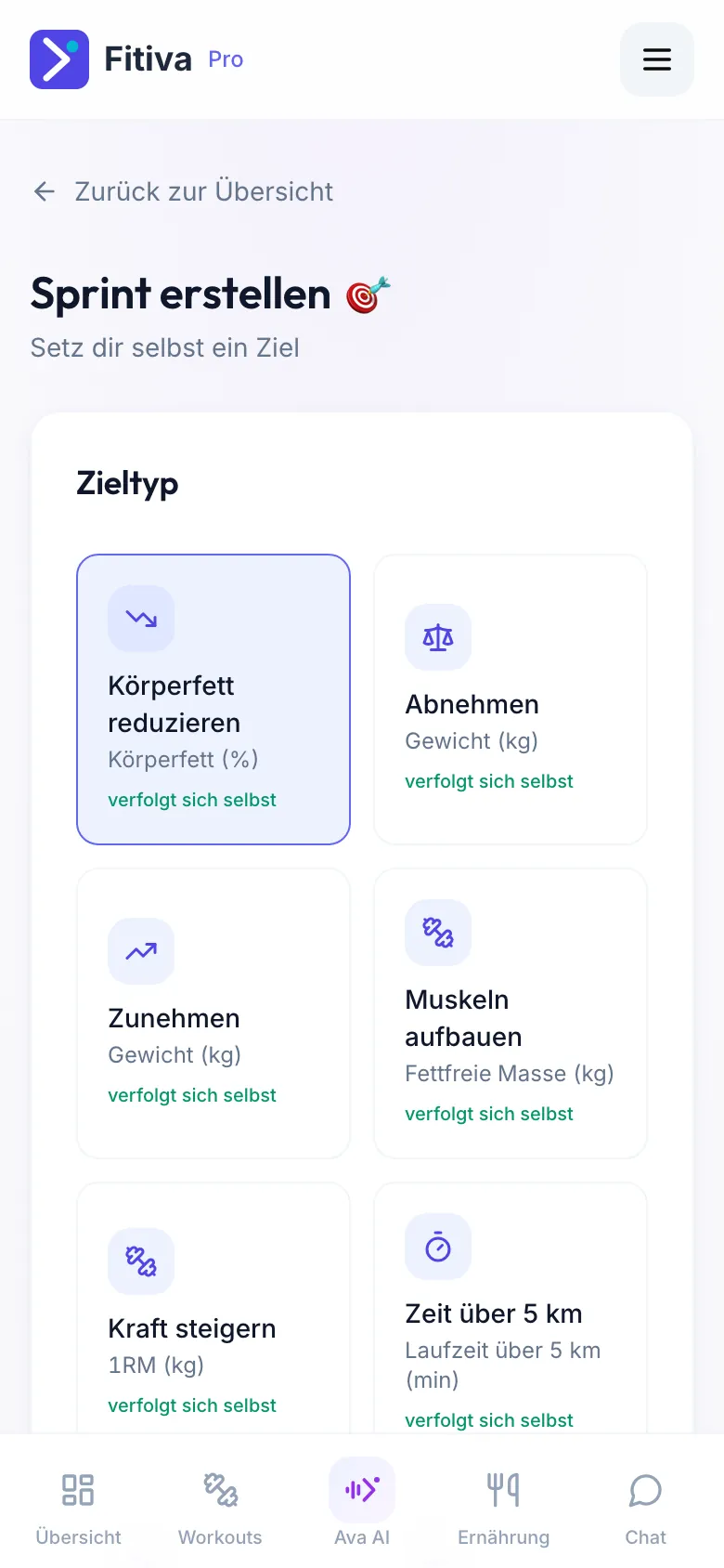 Die Seite Sprint erstellen mit dem Zieltyp, bei dem jedes Ziel verfolgt sich selbst oder manuell eingetragen zeigt