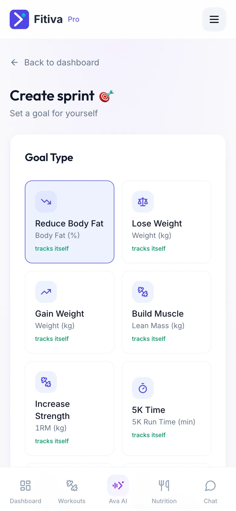 The Create sprint page with the Goal Type grid, where each goal says tracks itself or logged by hand