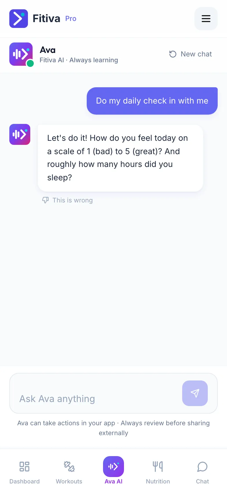 An Ava chat with New chat at the top, a question, Ava's reply and This is wrong under it