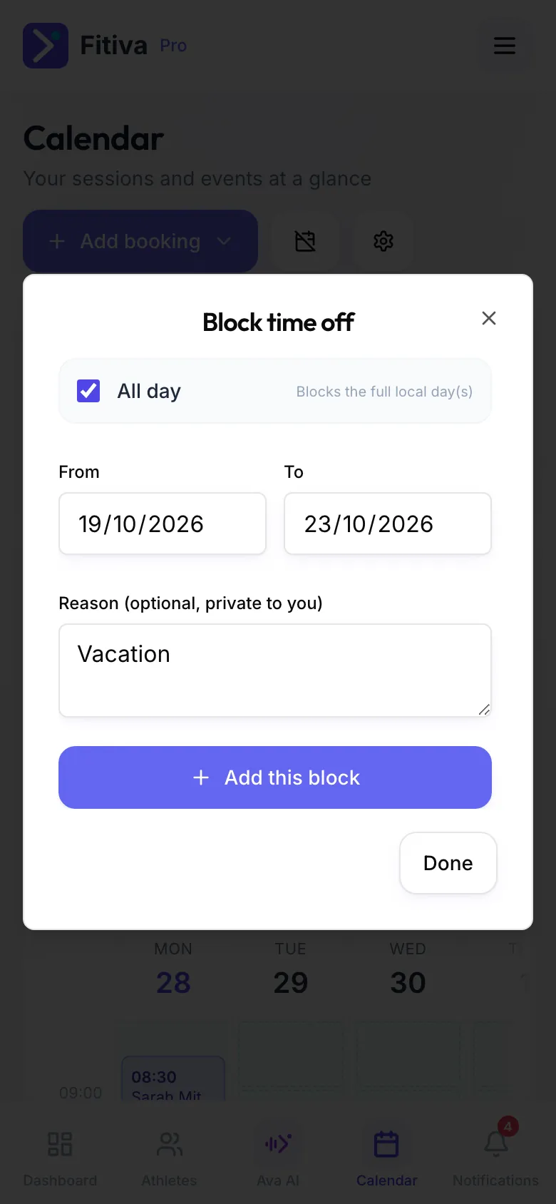 The Block time off dialog: All day is on, From 19/10/2026 To 23/10/2026, reason Vacation, then Add this block and Done.