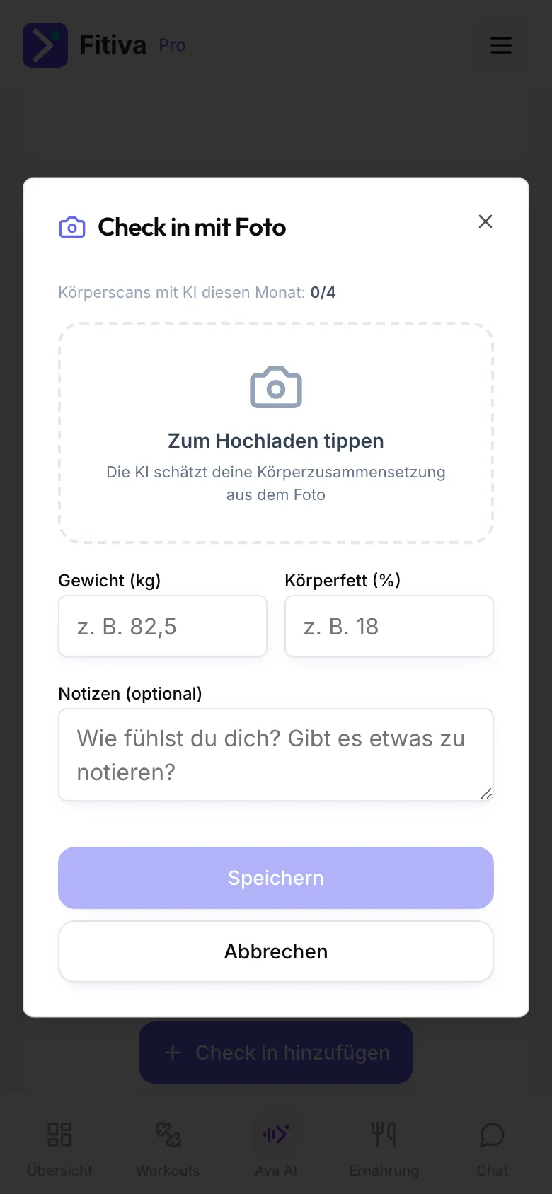 Der Dialog Check in mit Foto mit Zum Hochladen tippen, Gewicht (kg), Körperfett (%), Notizen (optional) und Speichern
