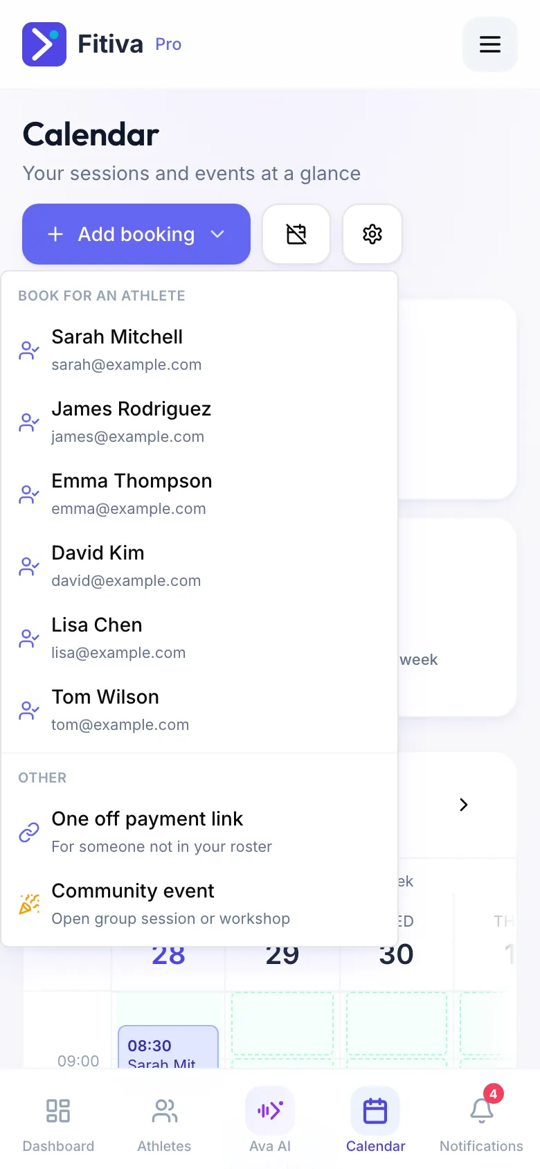 The Calendar with the Add booking menu open: Book for an athlete with six athletes on top, then Other with One off payment link and Community event.