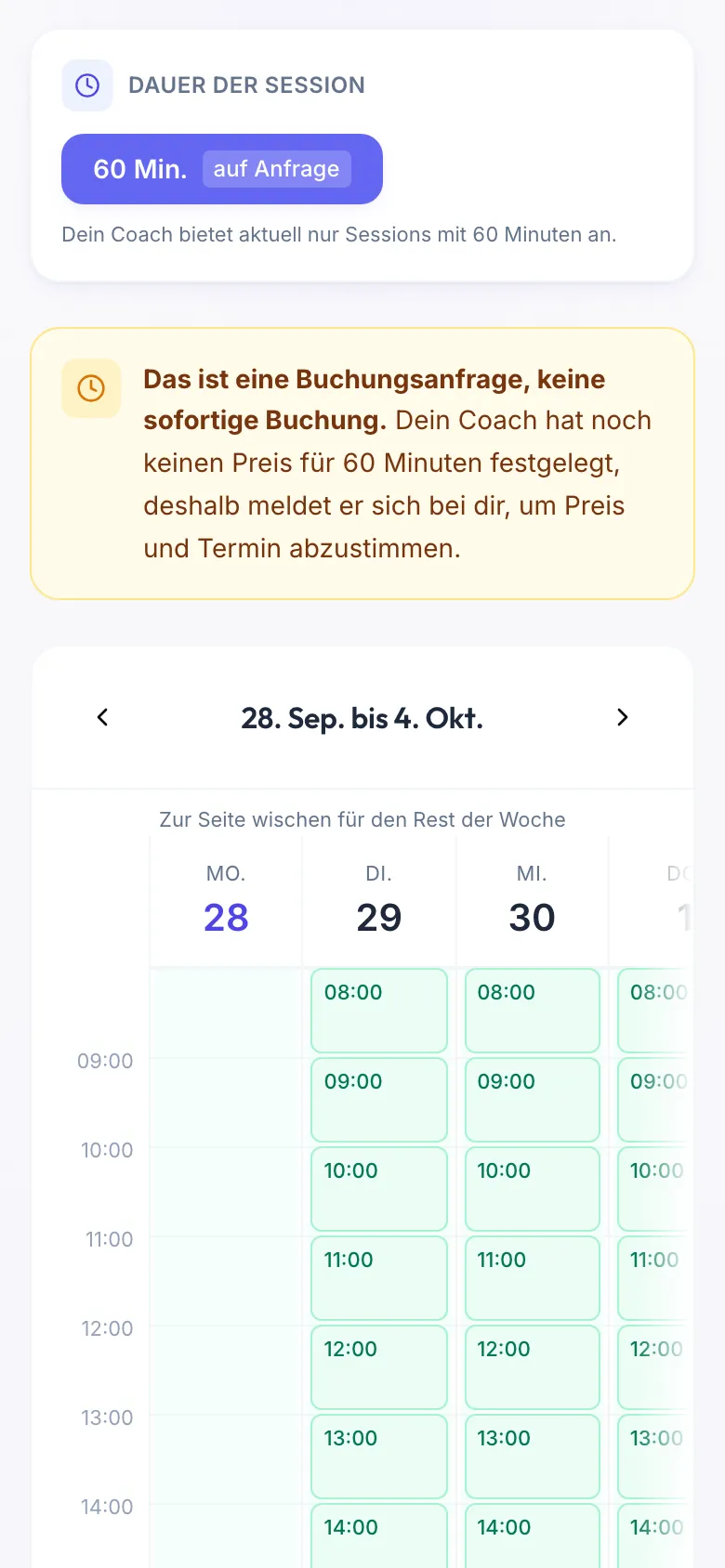 Seite Session buchen: unter Dauer der Session die Länge 60 Min. mit dem Hinweis auf Anfrage, darunter der Wochenkalender mit freien Terminen.