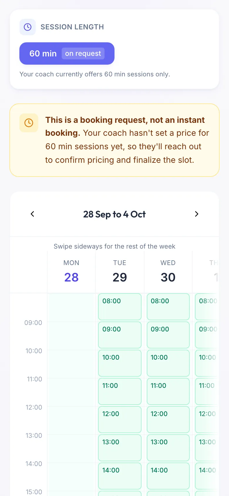 Book a session page: the length 60 min marked on request under Session length, with the week calendar and its free slots below.