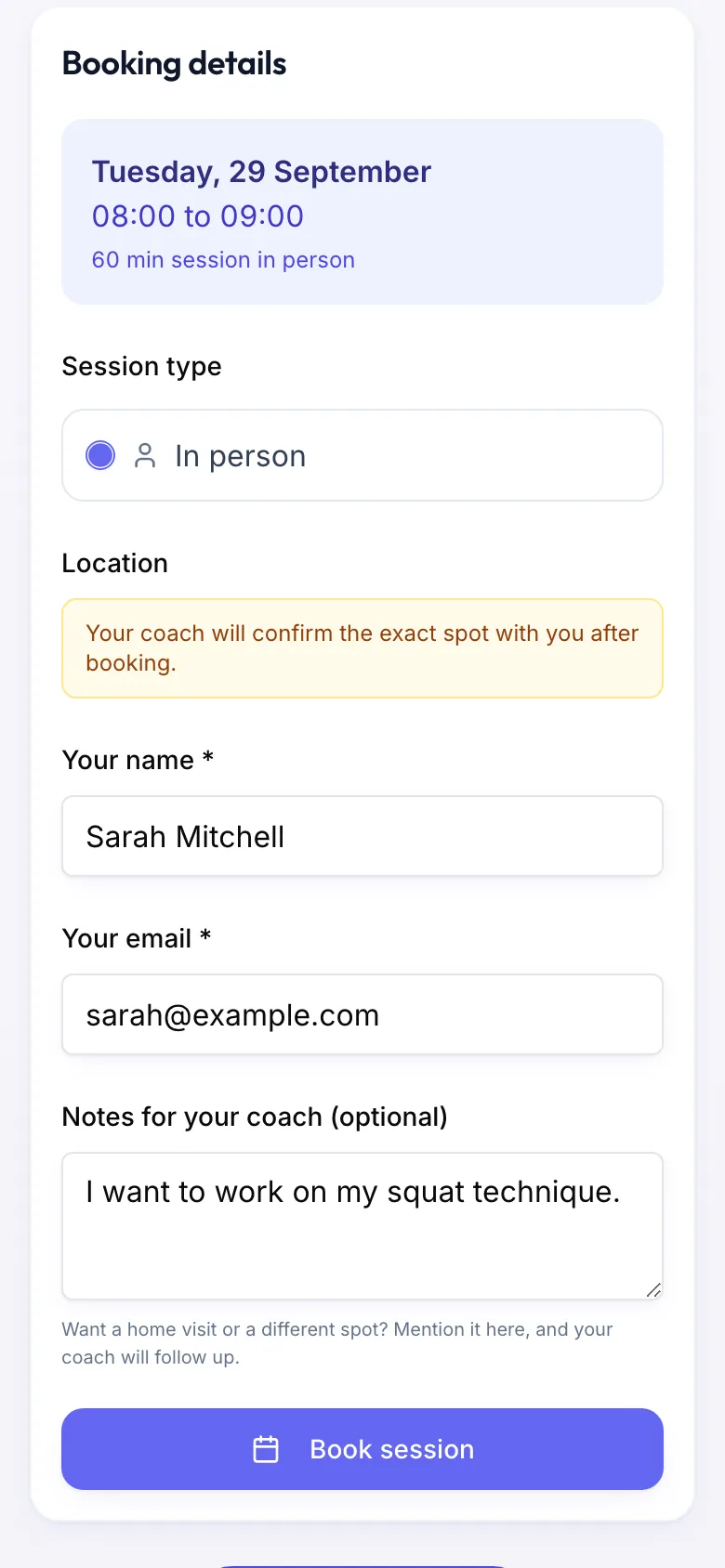 Booking details after picking a slot: date and time, Session type In person, Location, name, email, a note for the coach and the Book session button.