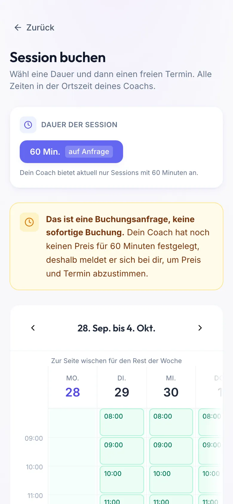 Seite Session buchen mit der Länge 60 Min. auf Anfrage und dem gelben Hinweis: Das ist eine Buchungsanfrage, keine sofortige Buchung.