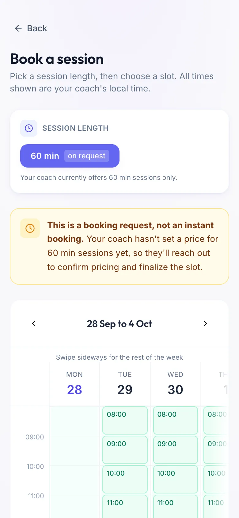Book a session page with the 60 min length on request and the yellow note: This is a booking request, not an instant booking.