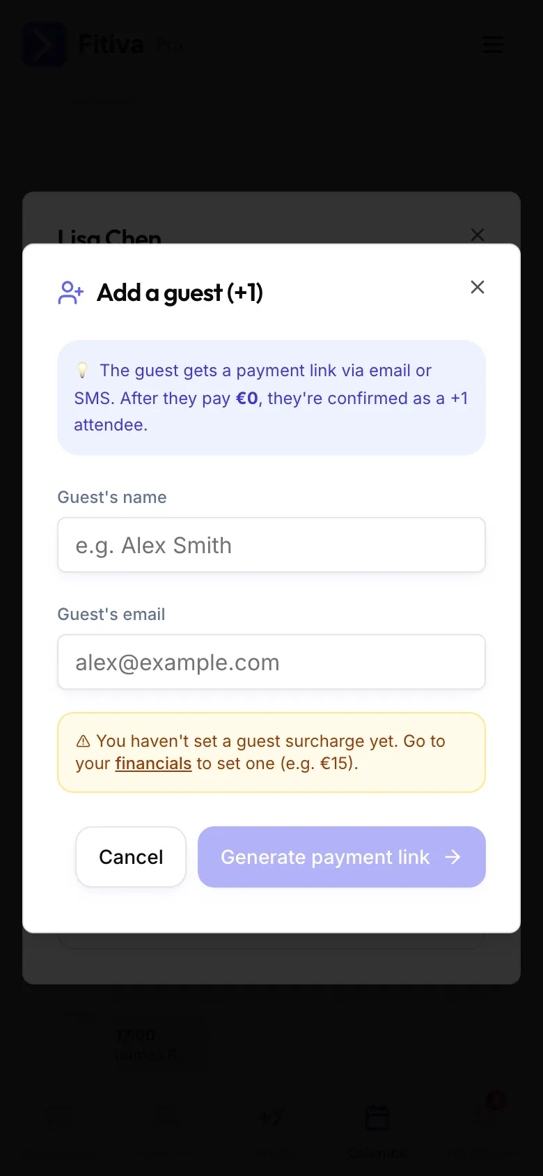 A coach's calendar, open booking with the Add a guest (+1) window: Guest's name, Guest's email and a note that no guest surcharge is set yet.