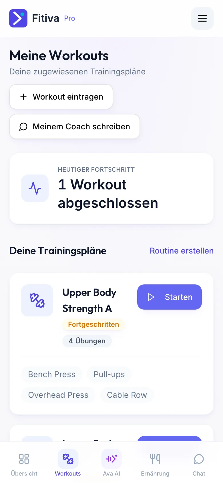 Die Seite Workouts mit Workout eintragen oben und Routine erstellen neben Deine Trainingspläne