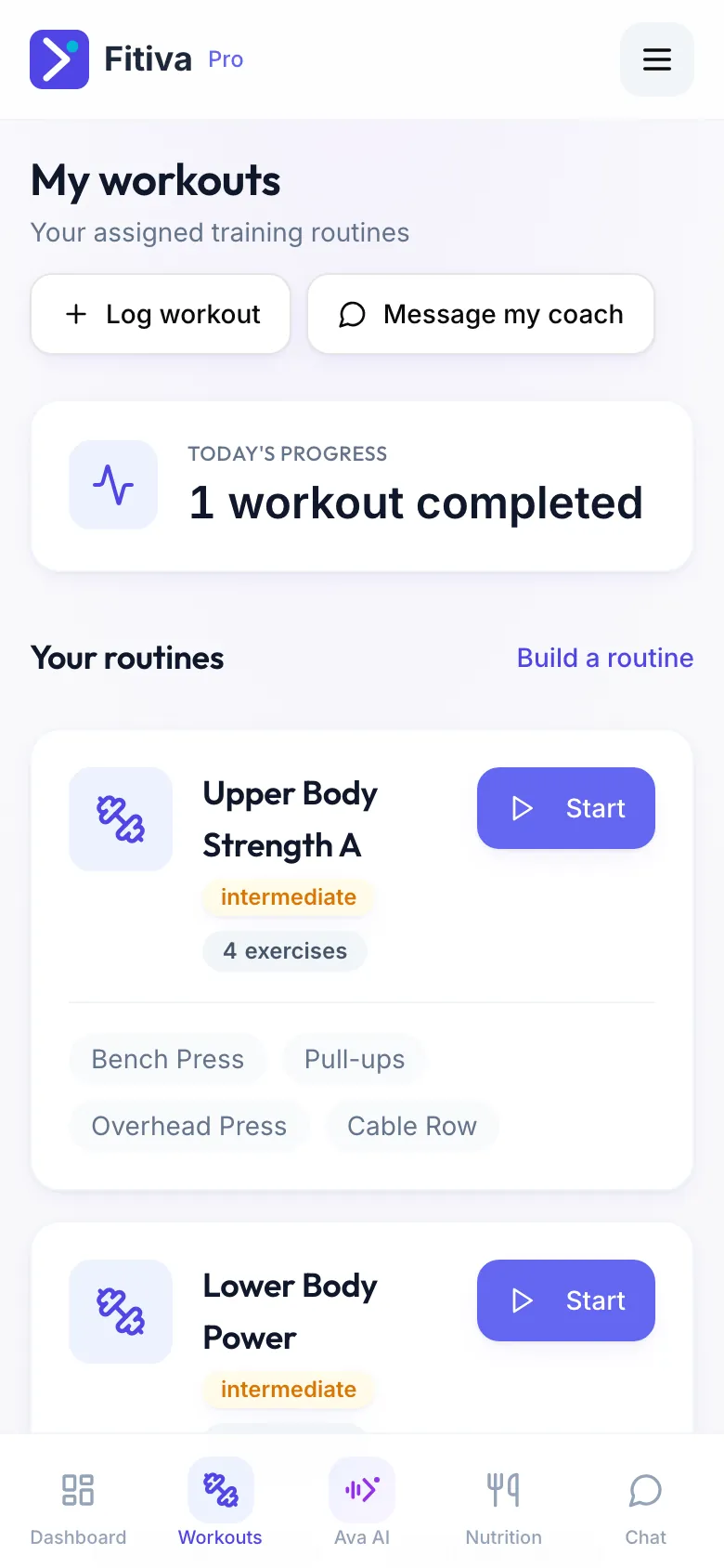 The Workouts page with Log workout at the top and Build a routine next to Your routines