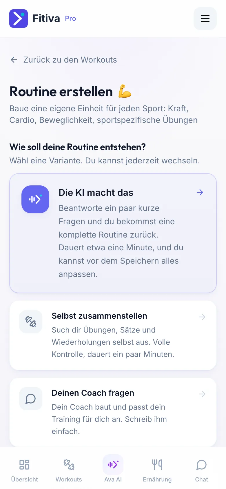 Die Seite mit der Frage Wie soll deine Routine entstehen? und Die KI macht das, Selbst zusammenstellen und Deinen Coach fragen