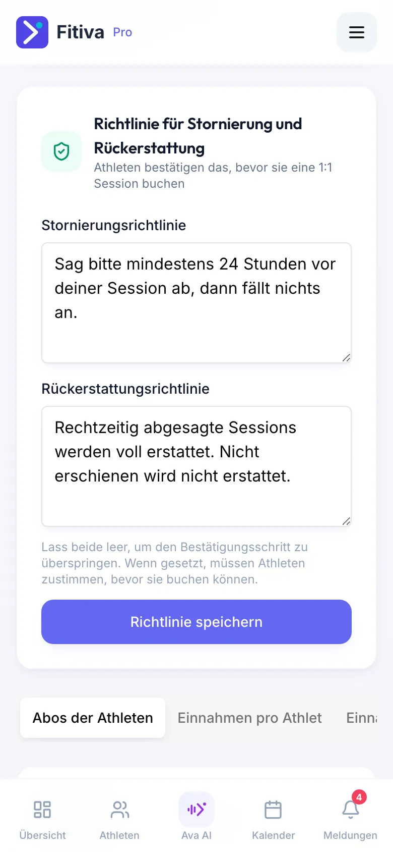 Karte Richtlinie für Stornierung und Rückerstattung mit ausgefüllter Stornierungsrichtlinie und Rückerstattungsrichtlinie und dem Button Richtlinie speichern.