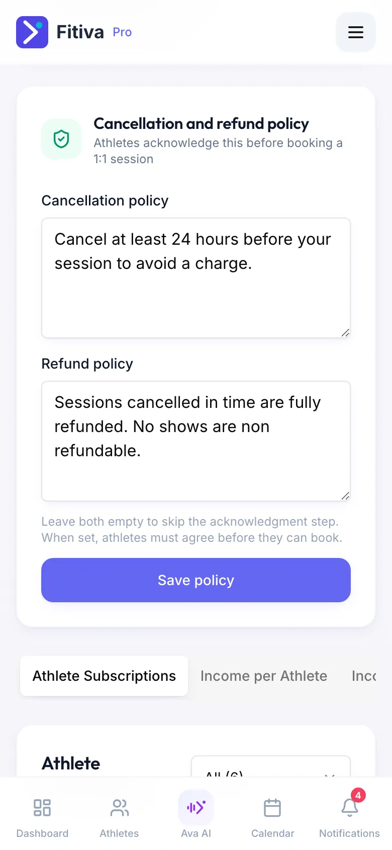 The Cancellation and refund policy card with a filled-in Cancellation policy and Refund policy and the Save policy button.
