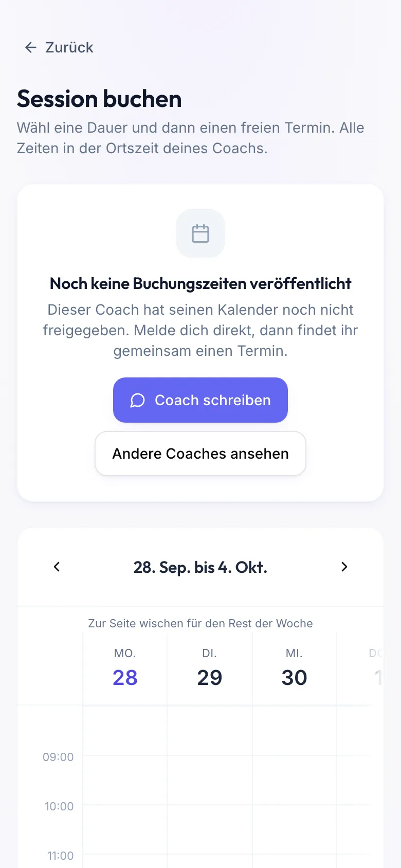 Session buchen mit dem Hinweis Noch keine Buchungszeiten veröffentlicht und den Buttons Coach schreiben und Andere Coaches ansehen