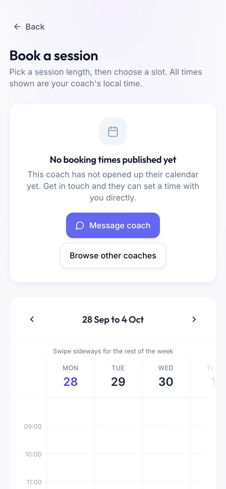 Book a session with the note No booking times published yet and the Message coach and Browse other coaches buttons