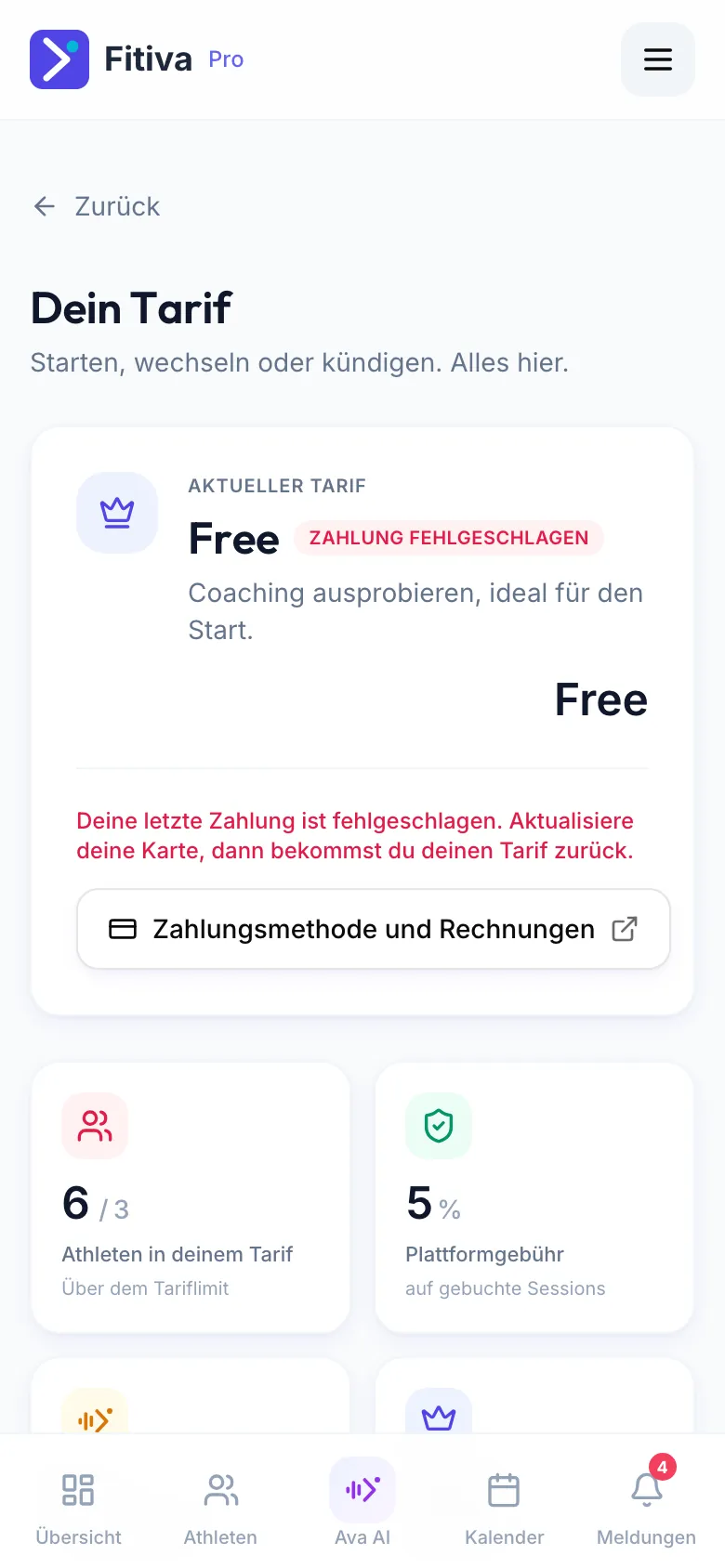Seite Dein Tarif mit dem Hinweis Zahlung fehlgeschlagen, dem roten Text Deine letzte Zahlung ist fehlgeschlagen und dem Button Zahlungsmethode und Rechnungen