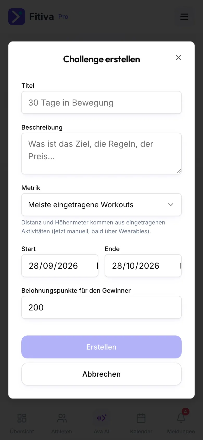 Das Formular Challenge erstellen für Coaches mit Titel, Beschreibung, Metrik, Start, Ende und Belohnungspunkte für den Gewinner