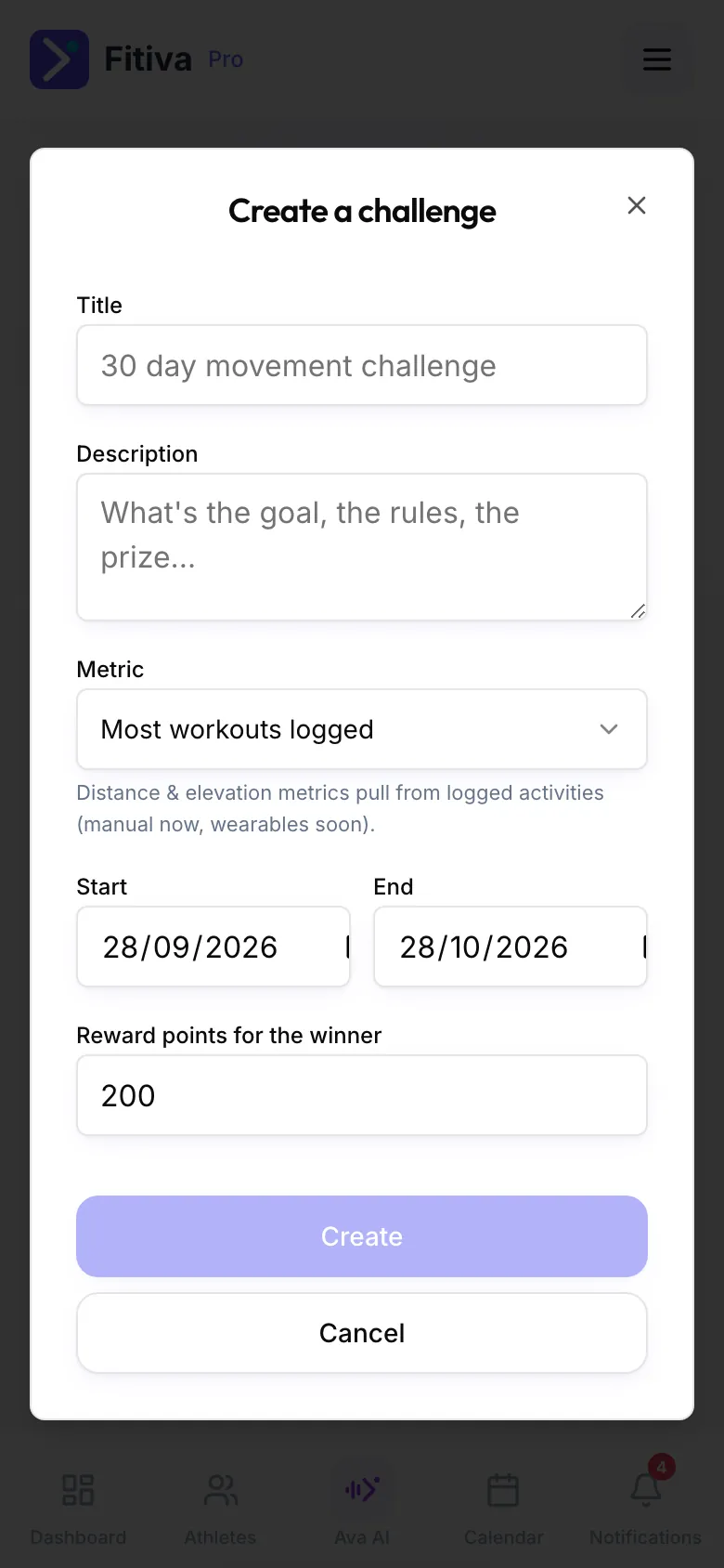The coach's Create a challenge form with Title, Description, Metric, Start, End and Reward points for the winner