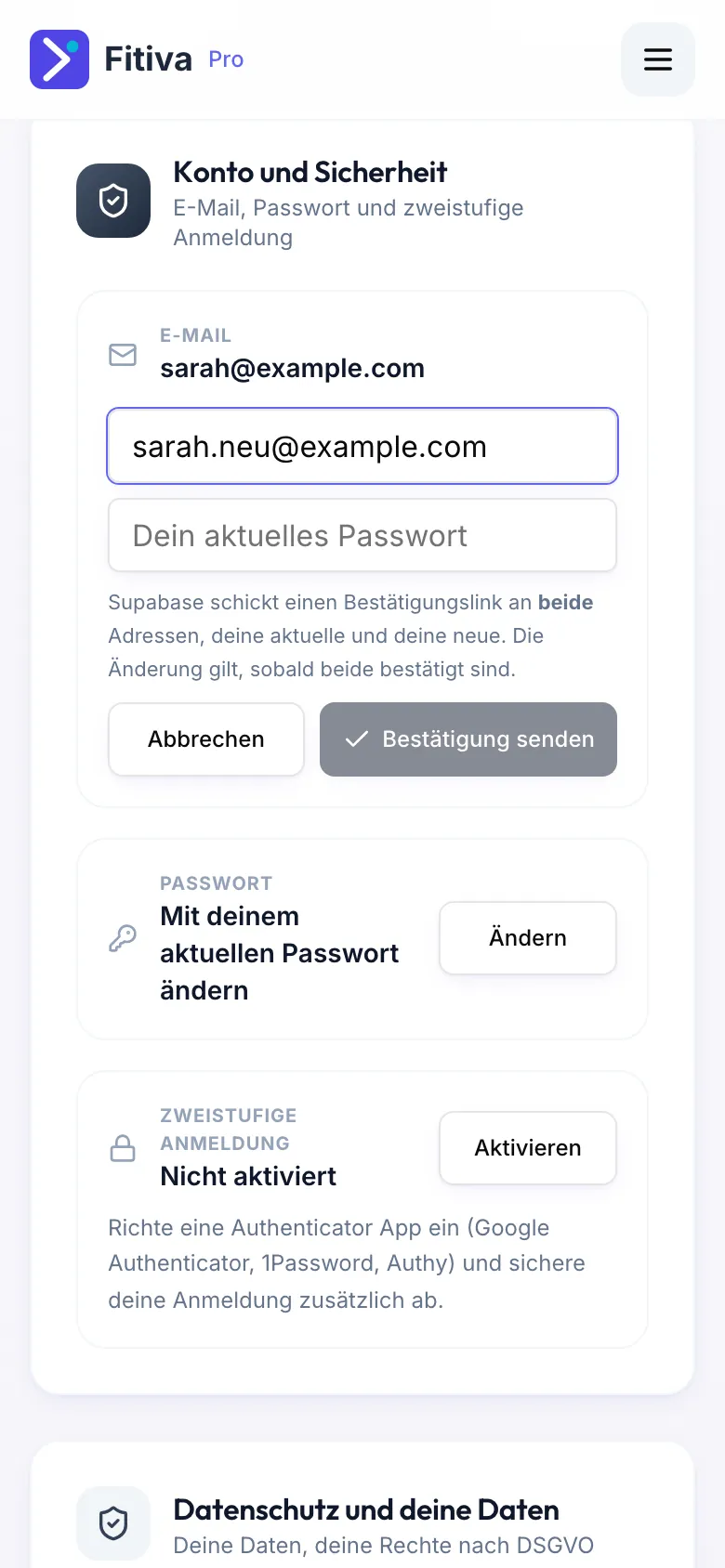 Karte Konto und Sicherheit mit dem Feld für die neue E-Mail, dem Feld für das aktuelle Passwort und dem Button Bestätigung senden