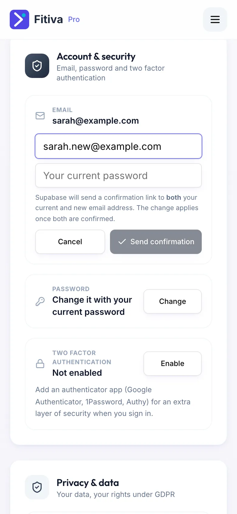 The Account & security card with the new email field, the current password field and the Send confirmation button