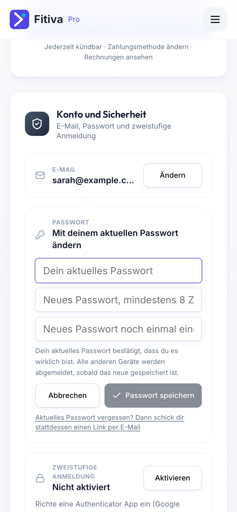Karte Konto und Sicherheit mit den drei Feldern für das aktuelle und das neue Passwort und dem Button Passwort speichern