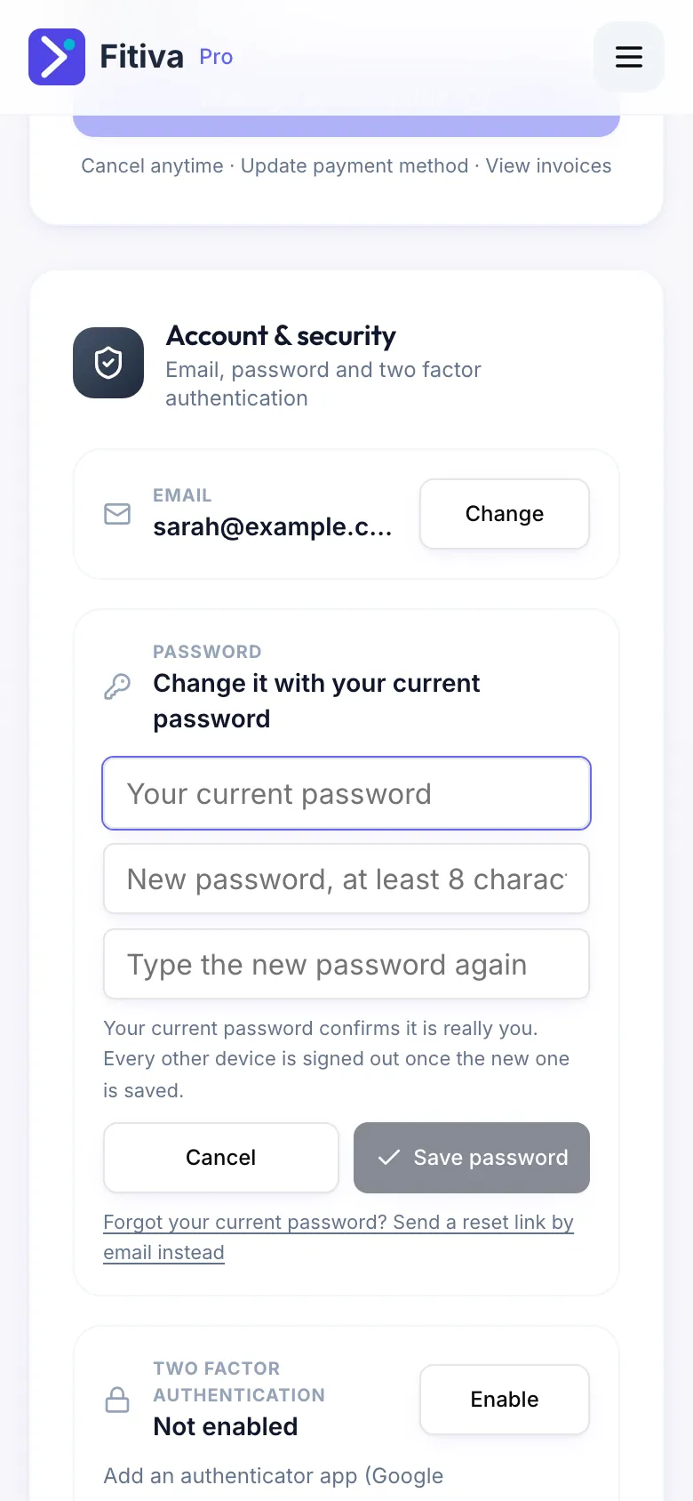 The Account & security card with the three fields for the current and the new password and the Save password button