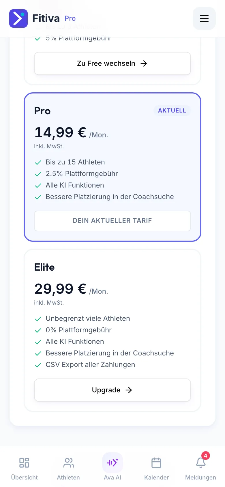 Wähl deinen Tarif für einen Coach im Tarif Pro: Pro ist als aktuell markiert, Elite zeigt den Button Upgrade, Free zeigt Zu Free wechseln