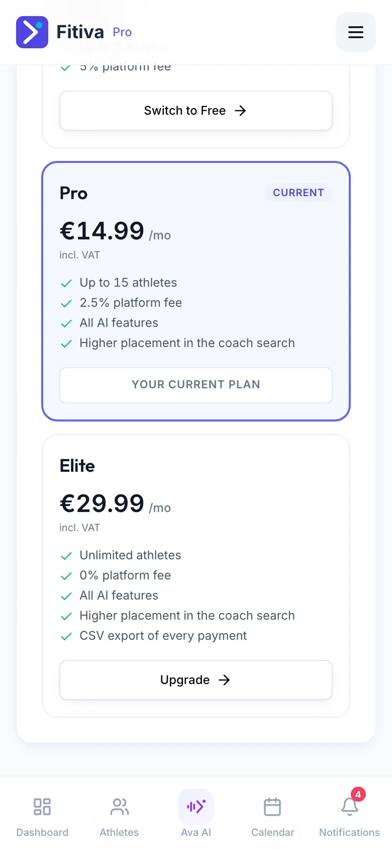 Choose your plan for a coach on Pro: Pro is marked current, Elite shows the Upgrade button, Free shows Switch to Free