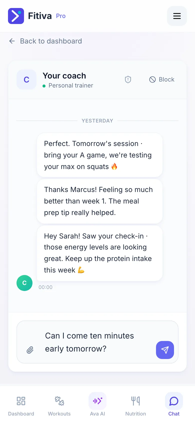 An athlete's chat with their coach: Report and Block at the top, and at the bottom the message box with the paper clip for attaching an image and a typed message.