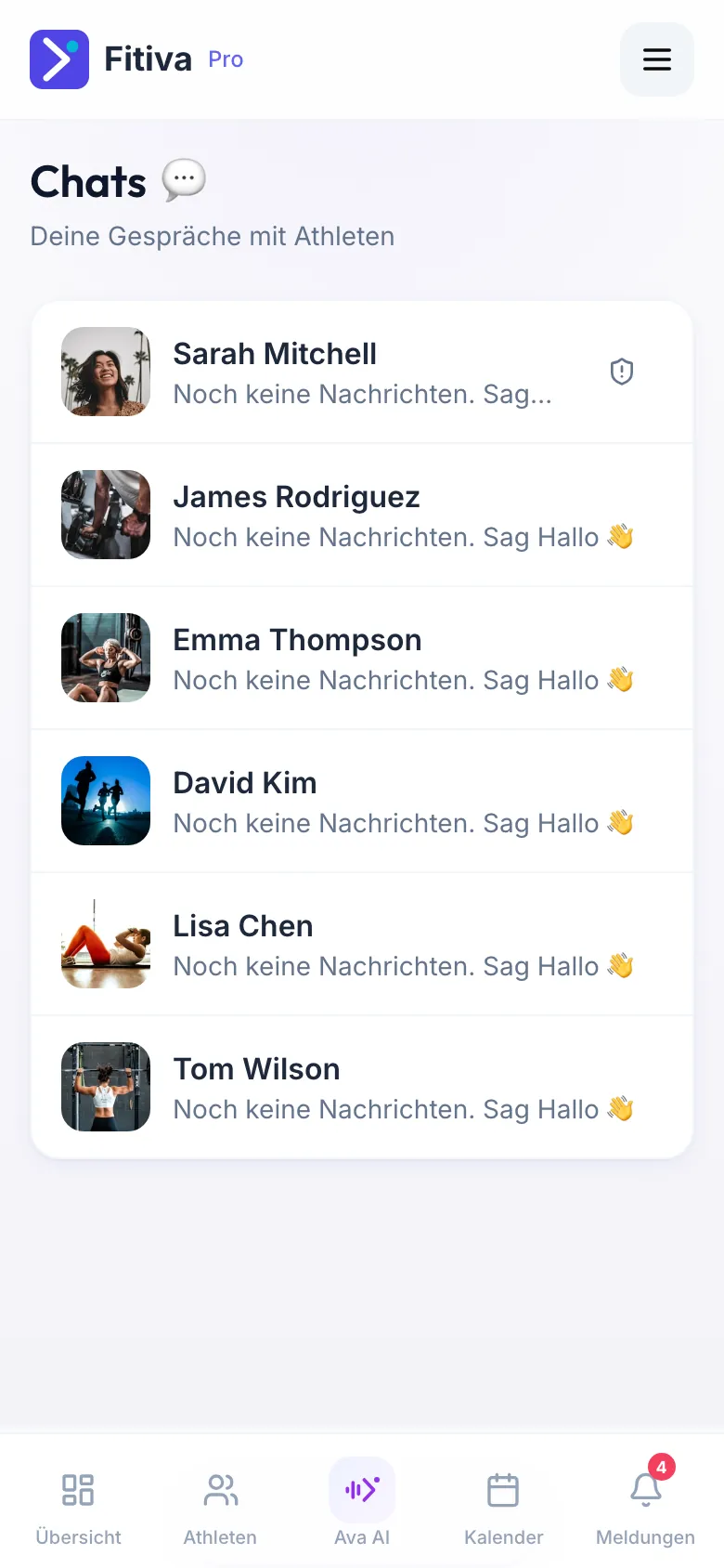 Seite Chats eines Coachs mit der Liste der Gespräche mit seinen Athleten.