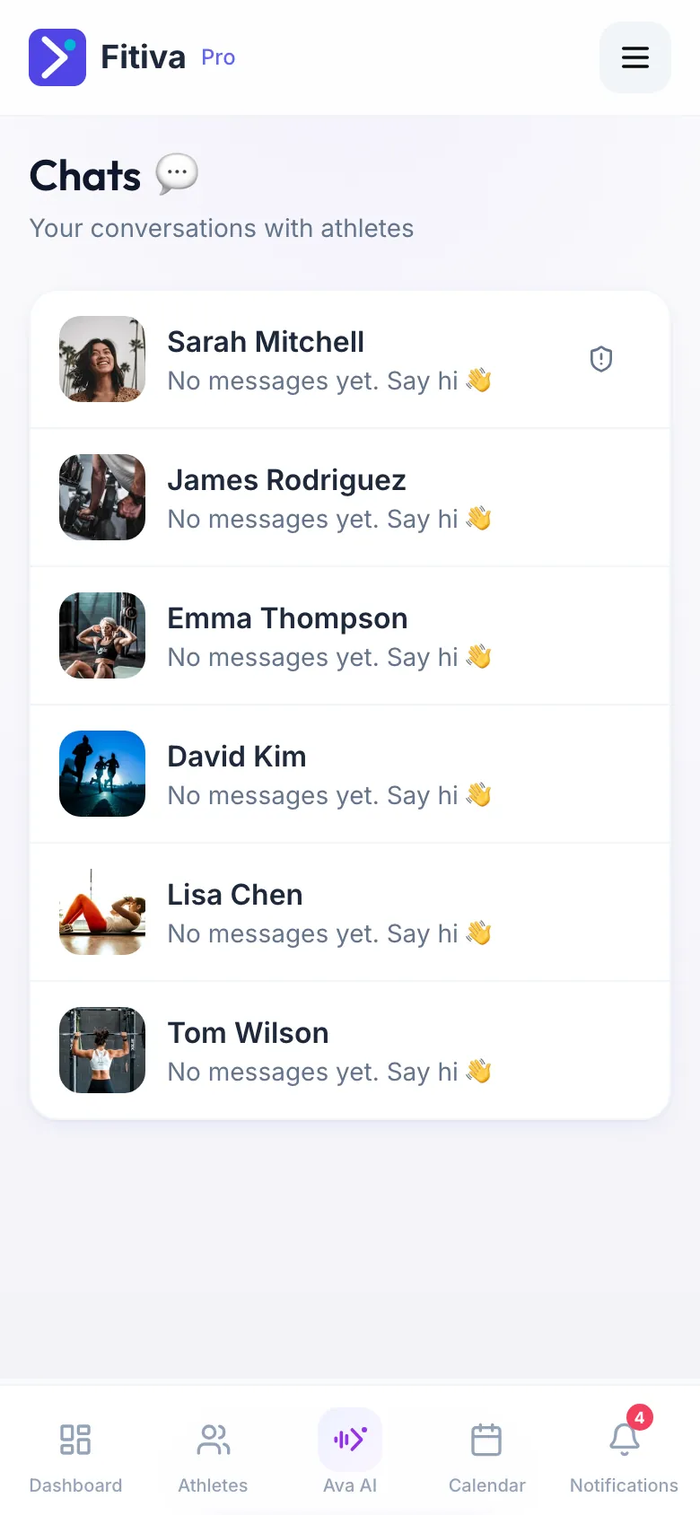 A coach's Chats page listing the conversations with their athletes.