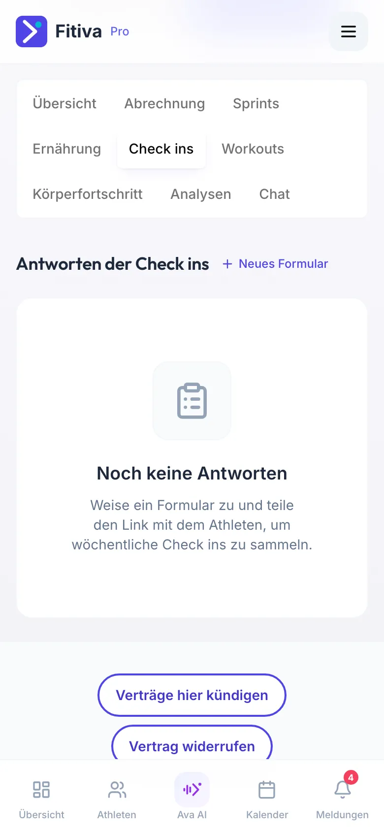 Seite eines Athleten mit dem Tab Check ins: Überschrift Antworten der Check ins mit dem Link Neues Formular, darunter der leere Zustand Noch keine Antworten.
