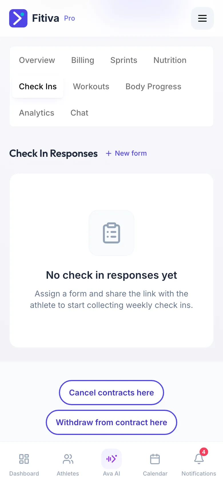 An athlete’s page on the Check Ins tab: the heading Check In Responses with the New form link, and the empty state No check-in responses yet below.