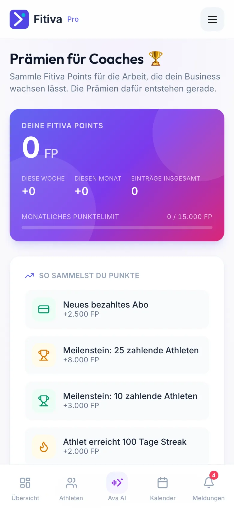 Seite Prämien für Coaches: Karte Deine Fitiva Points mit Stand, dieser Woche, diesem Monat und dem monatlichen Punktelimit, darunter So sammelst du Punkte mit Punkten pro Aktion.