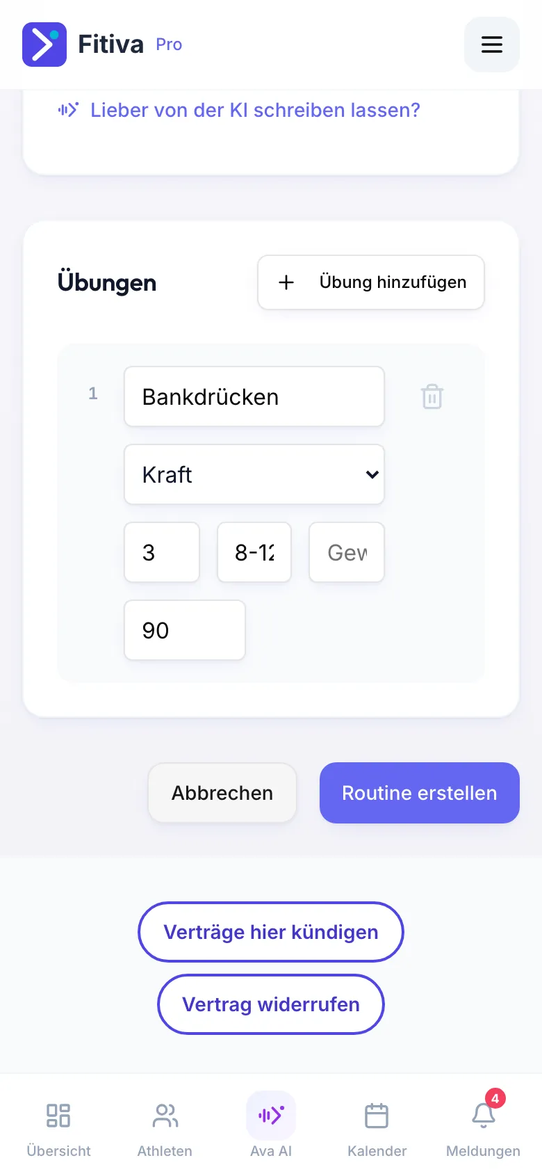 Routine erstellen, Bereich Übungen: eine Übung Bankdrücken mit der Art Kraft, Sätzen, Wiederholungen, Gewicht und Pause, oben Übung hinzufügen, unten Abbrechen und Routine erstellen.