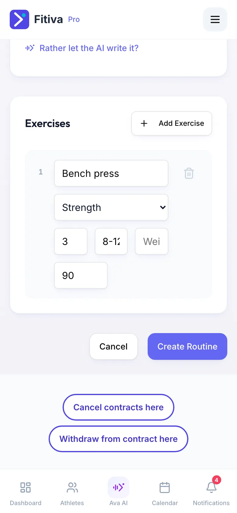 Create routine, the Exercises section: one exercise Bench press of the type Strength with sets, reps, weight and rest, Add Exercise at the top, and Cancel and Create Routine at the bottom.