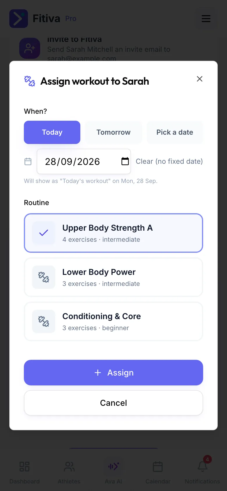 The Assign workout to Sarah dialog: When? with Today picked, the date and Clear (no fixed date), the routine Upper Body Strength A selected and the Assign button.