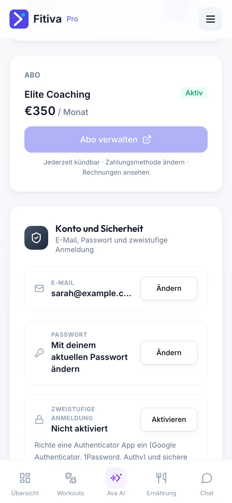 Einstellungen, Karte Abo: Elite Coaching, €350 / Monat, Status Aktiv und der Button Abo verwalten.