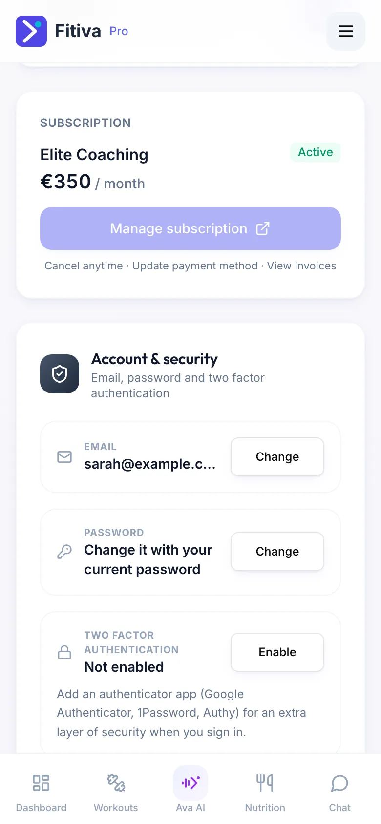 Settings, Subscription card: Elite Coaching, €350 / month, status Active and the Manage subscription button.
