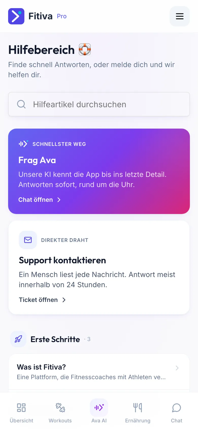 Hilfebereich mit der Kachel Frag Ava und der Kachel Support kontaktieren
