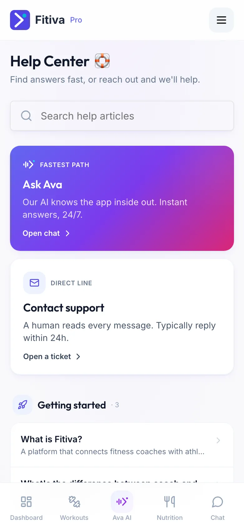 The Help Center with the Ask Ava tile and the Contact support tile