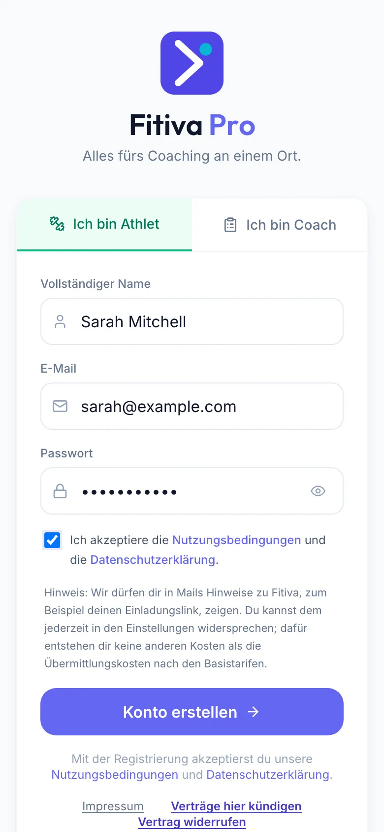 Registrierung mit Ich bin Athlet gewählt, ausgefüllten Beispieldaten, gesetztem Haken und dem Button Konto erstellen