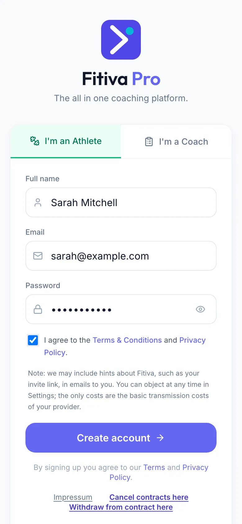 Sign up with I'm an Athlete chosen, sample details filled in, the box ticked and the Create account button