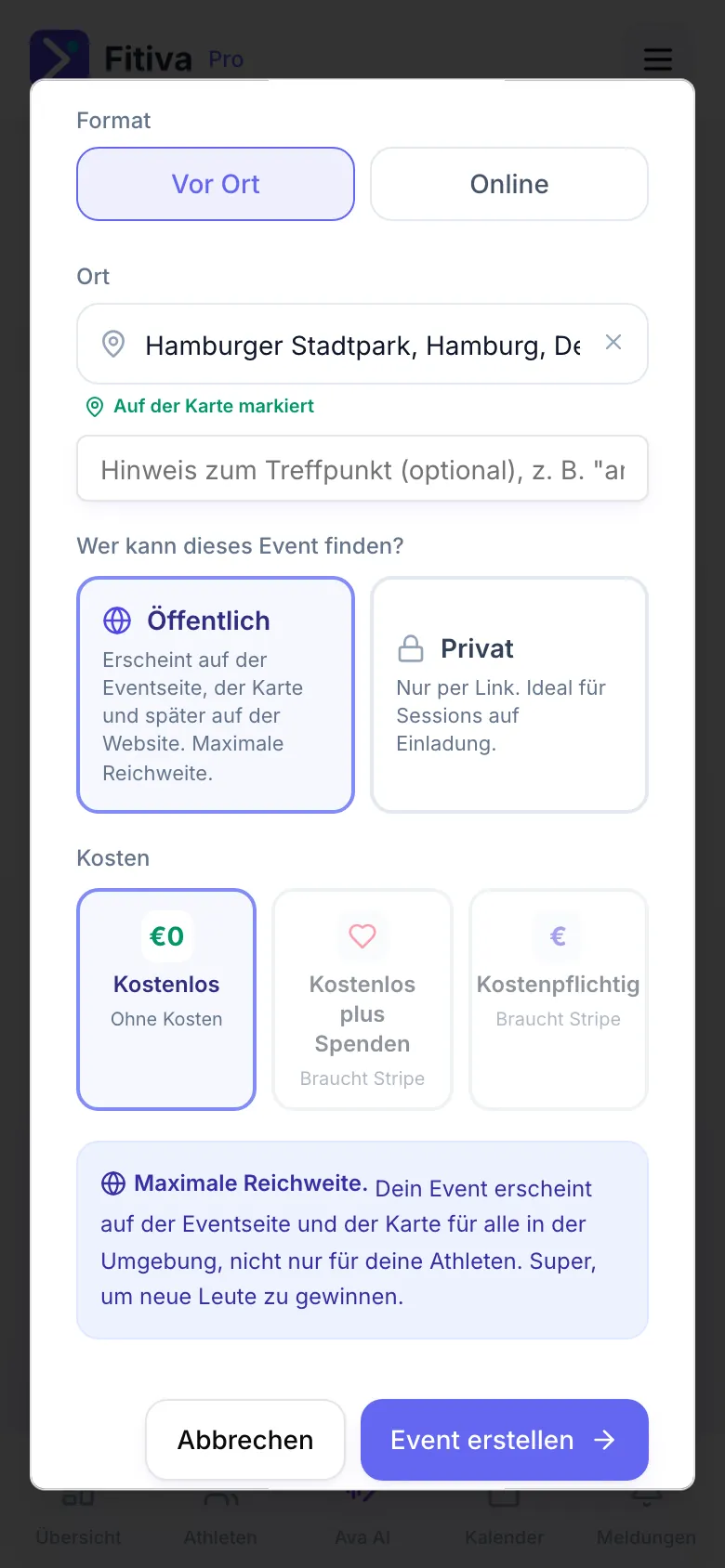 Dialog Neues Gruppenevent, unterer Teil: Format Vor Ort, Ort Hamburger Stadtpark mit „Auf der Karte markiert“, Wer kann dieses Event finden? mit Öffentlich gewählt, Kosten mit Kostenlos gewählt und unten Event erstellen.