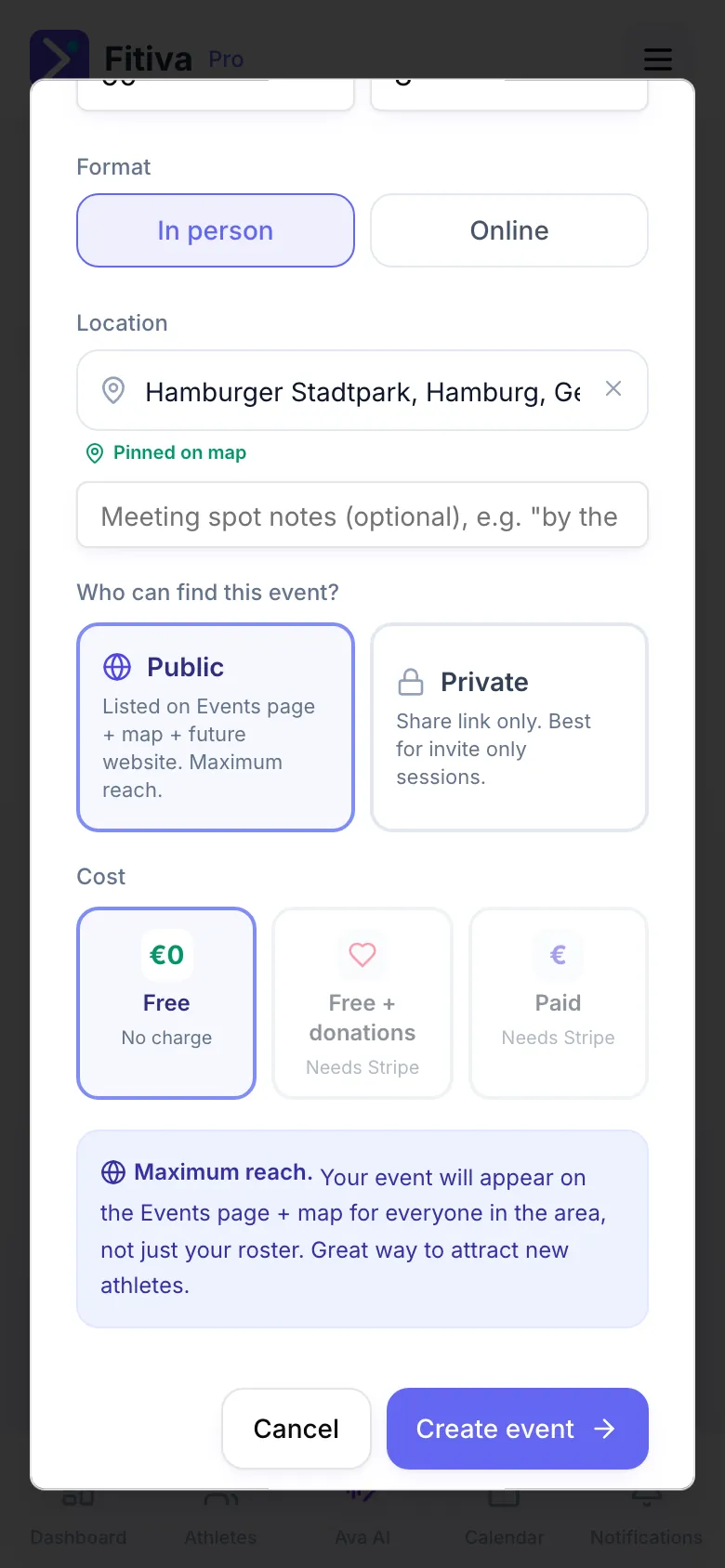 The New group event dialog, lower half: Format In person, Location Hamburger Stadtpark with “Pinned on map”, Who can find this event? with Public picked, Cost with Free picked and Create event at the bottom.