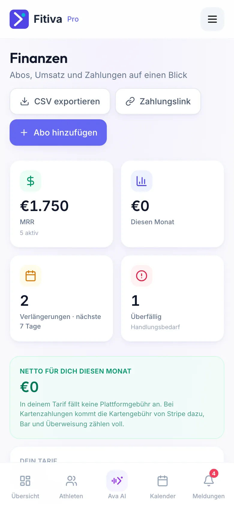Seite Finanzen: oben die Buttons CSV exportieren, Zahlungslink und Abo hinzufügen, darunter Kennzahlen mit Beispieldaten.